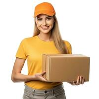 AI generated cute courier girl with a box in her hands. delivery symbol, courier service, home delivery photo