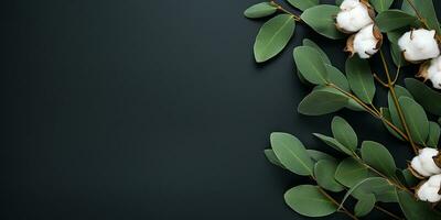 AI generated flat lay with eucalyptus branches and cotton flowers on a dark background. aesthetic frame of eucalyptus leaves, border photo