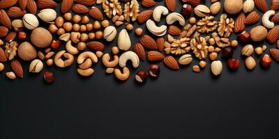 AI generated flat lay with nuts. set of different nuts, hazelnuts, cashews, walnuts, pistachios, almonds, macadamia. top view, with space for text photo