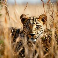 ai generado leopardo, leopardo caza en el sabana. safari. foto