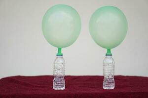 Two green balloons on top of bottles. Concept, science experiment about reaction of chemical substance, vinegar and baking soda that cause balloon inflat. Last step of experiment photo