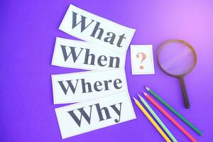 Paper cards with Wh-question words and question mark on purple background. Concept. Teaching aid. Education materials for teach WH- question. Equipment for investigation game. Active learning activity photo