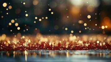 ai generado celebrar de invierno magia con encantador fiesta vistoso de bokeh brillante brilla dorado copos de nieve en un rojo-plata fondo, creando un alegre y festivo atmósfera antecedentes foto