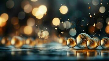 AI generated Celebrate Winter's Magic with Enchanting Holiday Colorful of Bokeh Shiny Glitters Silver Balls on a Blue-Silver Backdrop, Creating a Joyful and Festive Atmosphere Background photo