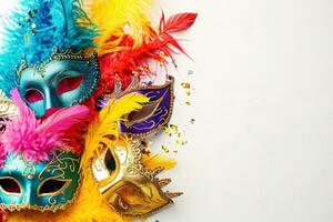 AI generated Mardi Gras Carnival Colorful Feathers and Masks in a Festive Celebration Cultural Extravaganza, Ornate Creating a Joyous, Festive Traditional Bring Life to a Celebration, White Background photo