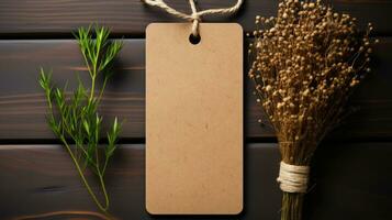 AI generated Brown Blank Craft Label Mockup Brown Paper Gift Tag for Decorating Product Set on Soft Background photo