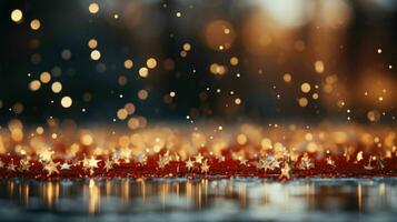 ai generado celebrar de invierno magia con encantador fiesta vistoso de bokeh brillante brilla dorado copos de nieve en un rojo-plata fondo, creando un alegre y festivo atmósfera antecedentes foto