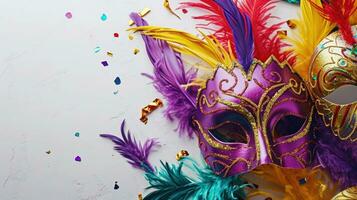 AI generated Mardi Gras Carnival Colorful Feathers and Masks in a Festive Celebration Cultural Extravaganza, Ornate Creating a Joyous, Festive Traditional Bring Life to a Celebration, White Background photo