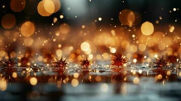 ai generado celebrar de invierno magia con encantador fiesta vistoso de bokeh brillante brilla dorado copos de nieve en un rojo-plata fondo, creando un alegre y festivo atmósfera antecedentes foto