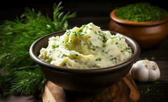 closeup of mashed potatoes in rustic bowl with dill and garlic. photo