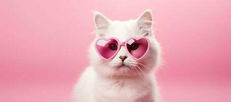 AI generated White cat in pink heart shaped glasses on pink background with place for text.Valentines day,anniversary, 8 march photo