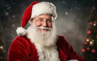 AI generated Christmas greetings card with santa claus in glasses near christmas tree photo