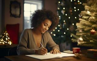 cute happy woman writing new year resolutions and goals in her notebook photo