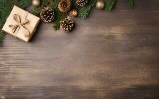 Rustic christmas background with gifts and pine cones. Copy space banner photo