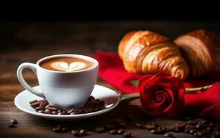 AI generated anniversary or valentines day banner with coffee,croissants and roses photo