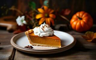 closeup of a piece of pumpkin pie on the plate with autumn vegetable in the background. traditional thanksgiving dessert photo