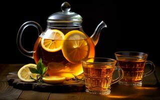 AI generated tea pot with lemon and cups on dark rustic background.winter or christmas drinks concept photo