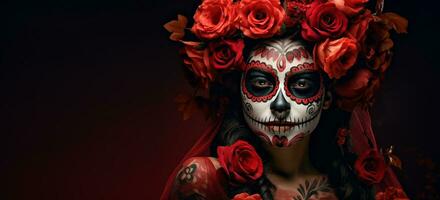 portrait of beautiful lady dressed for halloween party or dia de los muertos. festive makeup. banner with place for text photo