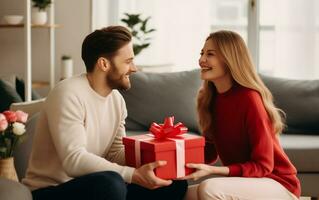 ai generado joven Pareja hombre intercambiar regalos a hogar dando regalos a cada otro . enamorado fiesta o cumpleaños foto