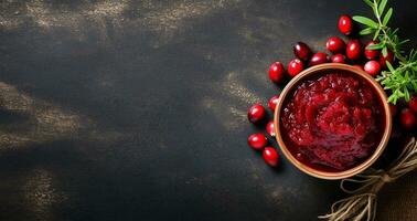 Flat lay composition with cranberry sauce on rustic wooden table, space for text photo