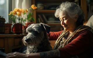 contento relajado mayor mujer abrazando su perro mientras a hogar en el sofá. mascota y el propietario concepto foto