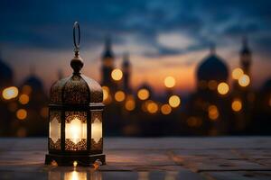 AI generated Islamic lantern on blurred mosque background, for ramadhan, eid al fitr and adha. copy space photo