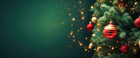 AI generated Christmas and New Year's Eve Background. Beautiful wide angle holiday template with a Christmas red ball on a fir tree and highlights. Panoramic classic header and web banner with space. photo