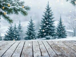 AI generated Snowy winter scene with an empty wooden table. Christmas tree and falling snow on a blurred background photo