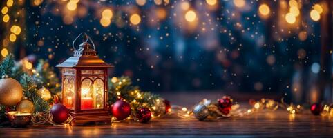 AI generated Christmas lantern glowing on wooden table with decoration and string lights. Bokeh and glittering effect on the background at night. photo