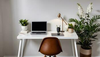 AI generated A Well-Organized Workspace with a Modern Desk and Comfortable Seating photo