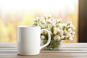 AI generated White mug with white flowers on a wooden table in the room, front view mock up photo