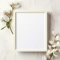 AI generated Blank photo frame with spring flowers on white wooden background. Flat lay, top view