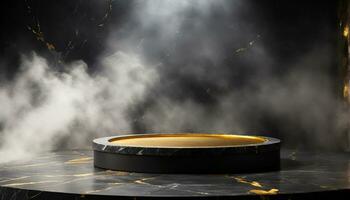 AI generated Round shape black marble podium  in dark room with smoke for mockup products display photo