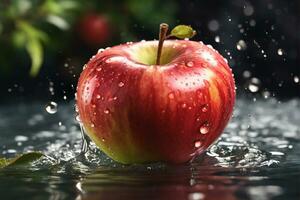 ai generado rojo manzana salpicado con agua antecedentes foto