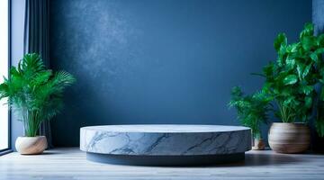 AI generated Round shape black marble podium for Abstract minimal wall scene for mockup products display photo