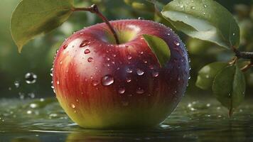 AI generated Red Apple dewkissed drops water photo