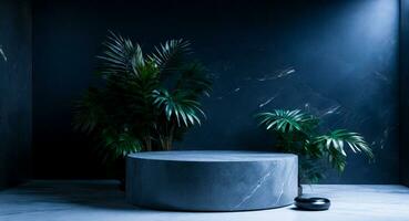 AI generated Round shape black marble podium for Abstract minimal wall scene for mockup products display photo