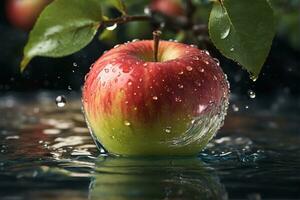 ai generado rojo manzana salpicado con agua antecedentes foto