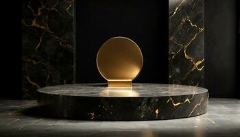 AI generated Round shape black marble podium for Abstract minimal wall scene for mockup products display photo