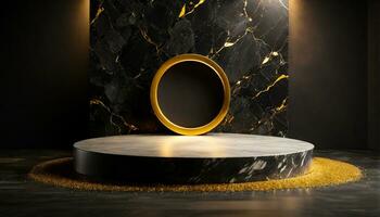 AI generated Round shape black marble podium for Abstract minimal wall scene for mockup products display photo