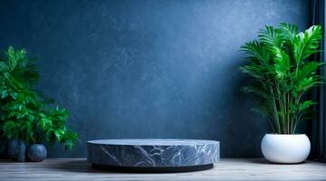 AI generated Round shape black marble podium for Abstract minimal wall scene for mockup products display photo
