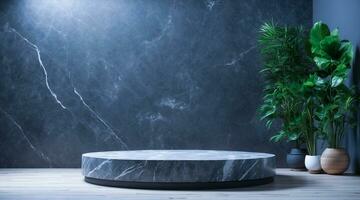 AI generated Round shape black marble podium for Abstract minimal wall scene for mockup products display photo