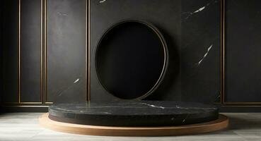 AI generated Round shape black marble podium for Abstract minimal wall scene for mockup products display photo