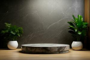 AI generated Round shape black marble podium for Abstract minimal wall scene for mockup products display photo