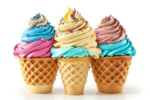 AI generated Various ice creams in waffle cups photo