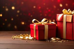 AI generated Elegant red gift box with golden ribbon on a red background with golden bokeh photo
