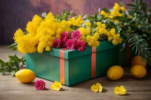 ai generado regalo caja con un ramo de flores de mimosa. Clásico saludo tarjeta para internacional De las mujeres día, de la madre día, San Valentín día, cumpleaños foto