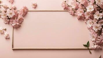 AI generated Banner with cherry blossom on light pink background. Greeting card template for Wedding, mothers or womans day. Springtime composition with copy space. Flat lay style photo