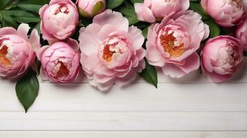 ai generado rosado peonías en blanco de madera antecedentes. plano laico estilo. saludo tarjeta modelo para boda, madres o mujeres día. primavera composición con Copiar espacio foto