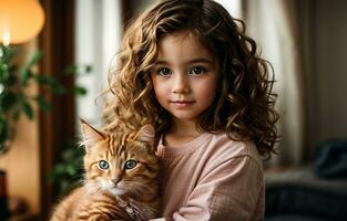 ai generado linda pequeño niña participación un jengibre gatito en su brazos foto